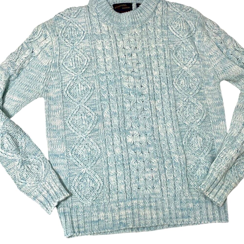 Vintage 90s Preppy Chunky Cable Knit Mockneck Sweater Cozy Blue & White Large